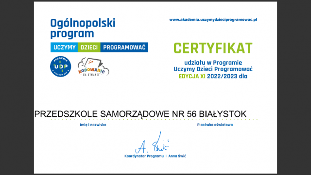 CERTYFIKAT UDZIAŁU W&nbsp;UCZYMY DZIECI PROGRAMOWAĆ